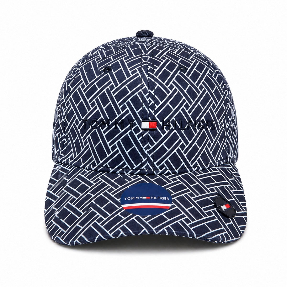 Tommy Hilfiger TH Monogram Jacquard Baseball Cap in a navy blue monogram patterned design.