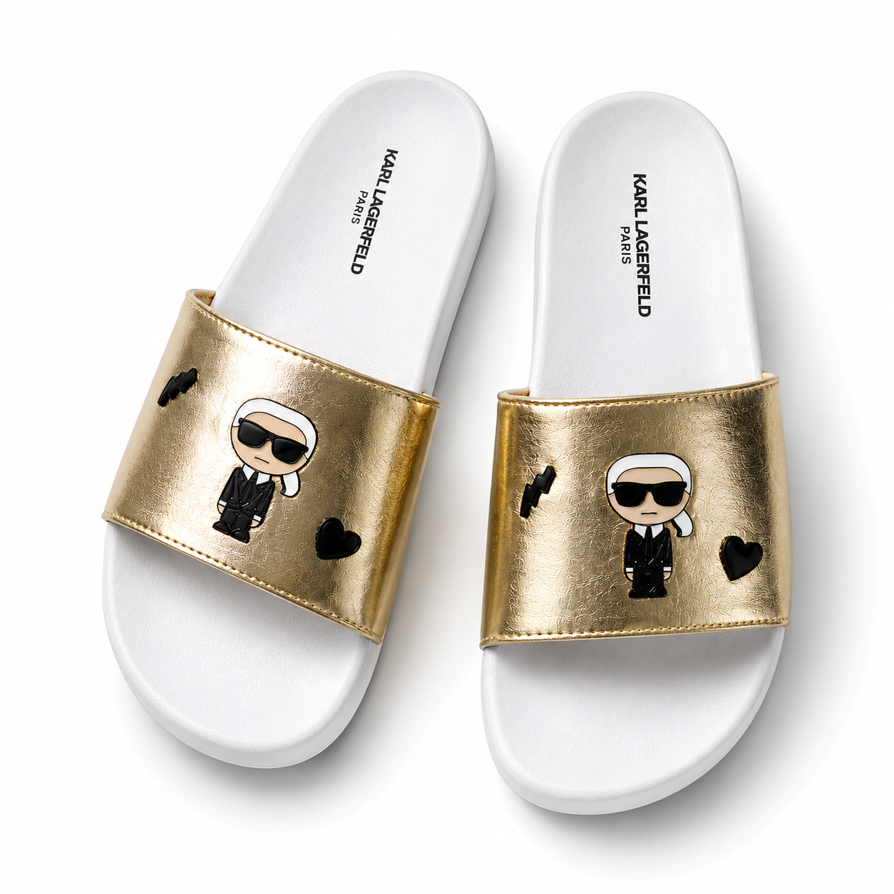 Karl Lagerfeld Paris slide originally feature a metallic gold strap