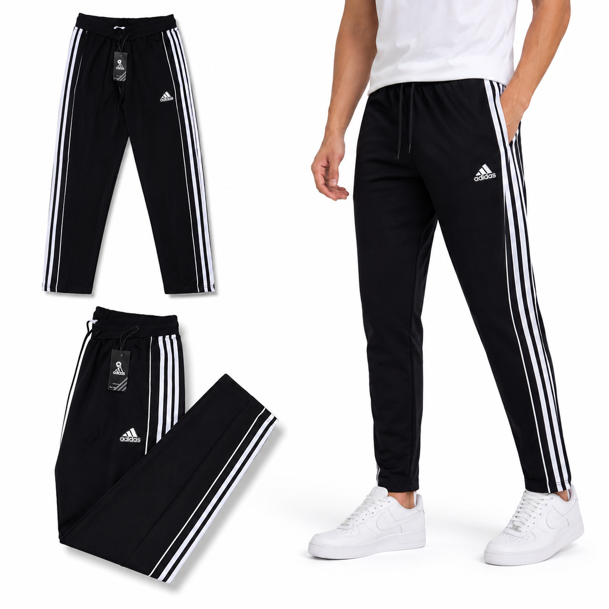 Adidas Essentials 3-Stripes pants, featuring a slim fit