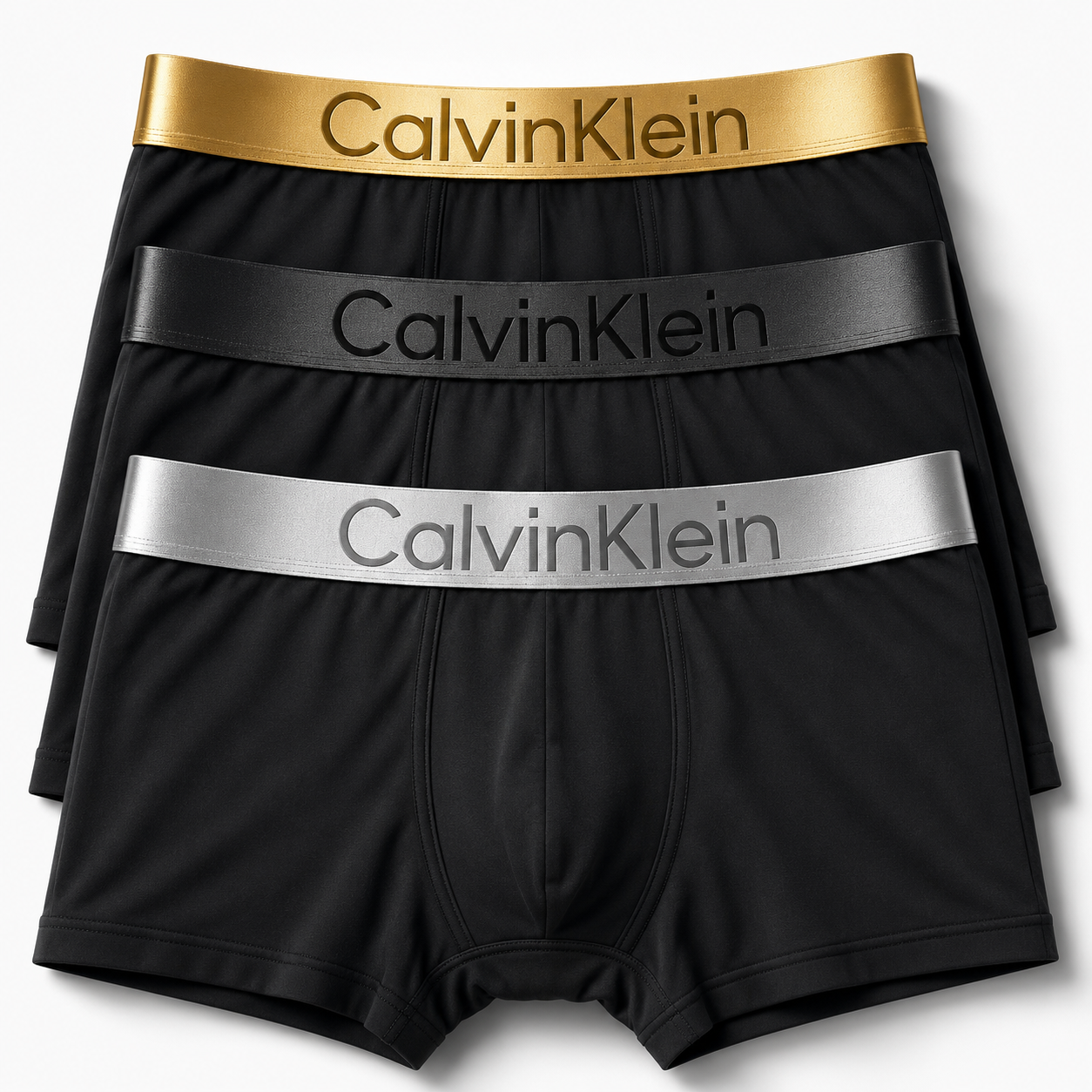 Calvin Klein 3-pack boxer brief set featuring a metallic logo