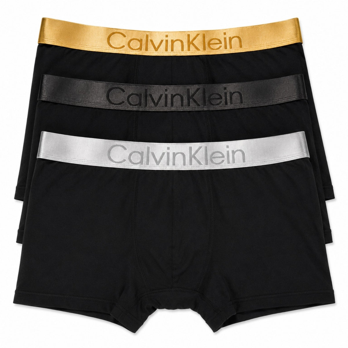 Calvin Klein 3-pack boxer brief set featuring a metallic logo